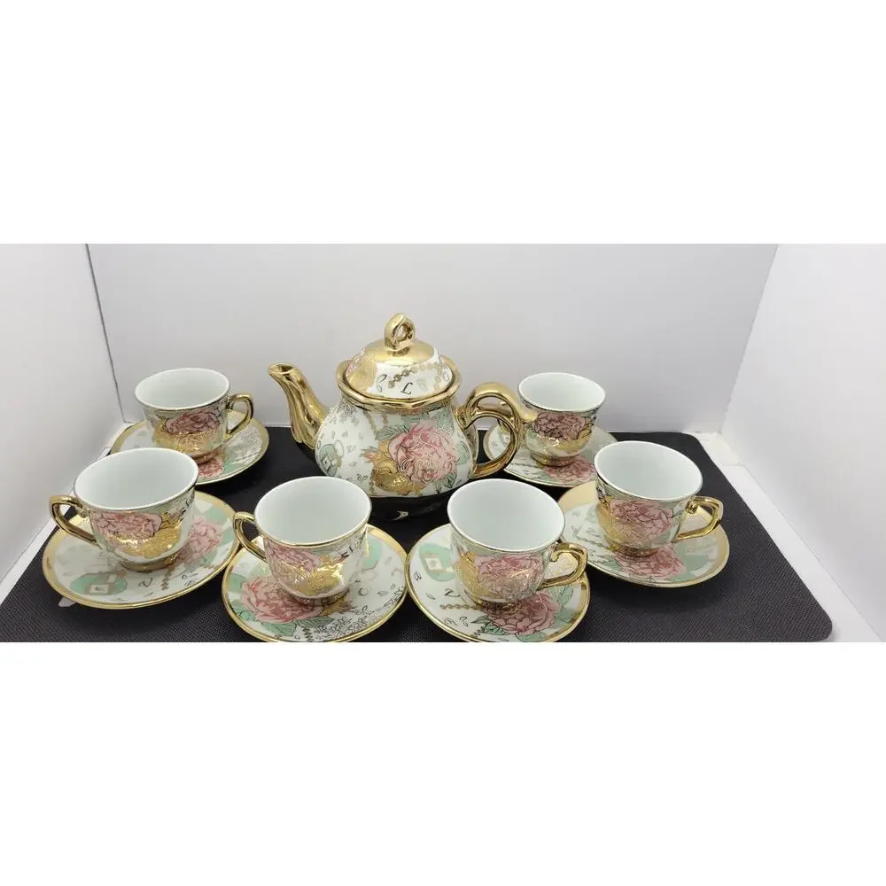 Vintage Tea Set Porcelain Teapot Cups Saucers Floral Gold Trim 13 Pc Japan Style